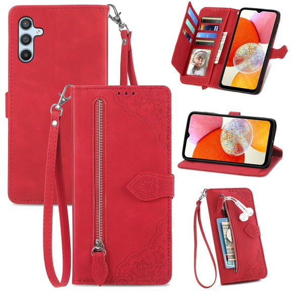 TECH CIRCLE For Galaxy A05 Wallet Case,Embossed Flower PU Leather Folio Flip Protective Zipper Wrist Strap RFID Blocking Card Holder Stand Case for Samsung Galaxy A05 6.7" 2023,Red