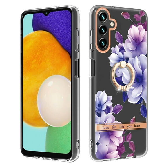 TECH CIRCLE For Galaxy A14 5G Case,360 Rotatable Flower Pattern Shiny Ring Holder Kickstand Soft TPU Girls Women Case Shockproof Protective Phone Case for Samsung Galaxy A14 5G 6.6" 2023,Purple