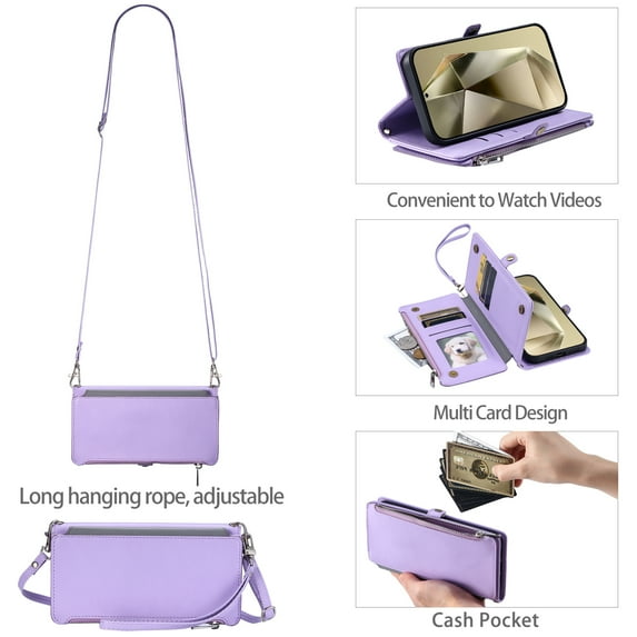 TECH CIRCLE for Galaxy A15 Flip Phone Case 6.5" 2023 Release, Classic Wallet Stand Case with 8 Card Slots & 1 Pocket, PU Leather Protective Cover with Shoulder Strap & Wrist Strap Lanyard, Purple