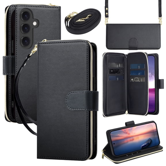 TECH CIRCLE for Galaxy A16 5G Flip Wallet Phone Case with Shoulder/Wrist Straps, Credit Card Slots, RFID Blocking, Zipper Pocket, Magnetic Button Closure, PU Leather Protective Cover, Black