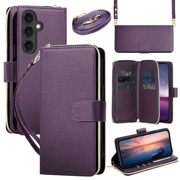 TECH CIRCLE for Galaxy A17 5G Flip Wallet Phone Case with Shoulder/Wrist Straps, Credit Card Slots, RFID Blocking, Zipper Pocket, Magnetic Button Closure, PU Leather Protective Cover, Darkpurple