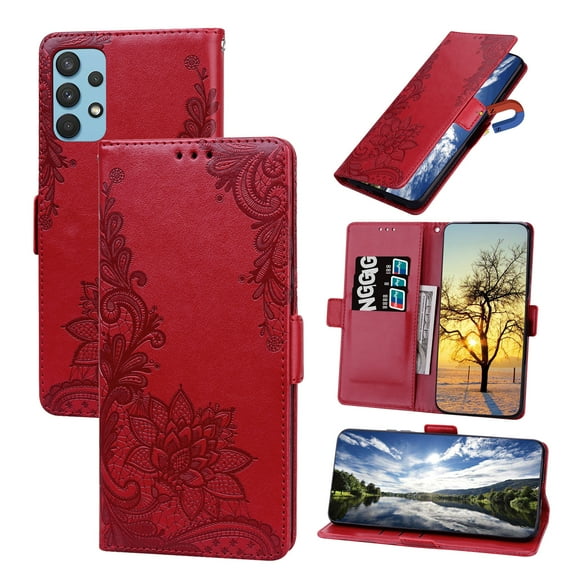 TECH CIRCLE For Galaxy A20s Wallet Case,PU Leather Protective Phone Case Wrist Strap Card Slots Holder Embossed Lace Flower Stand Flip Case for Samsung Galaxy A20s,Red
