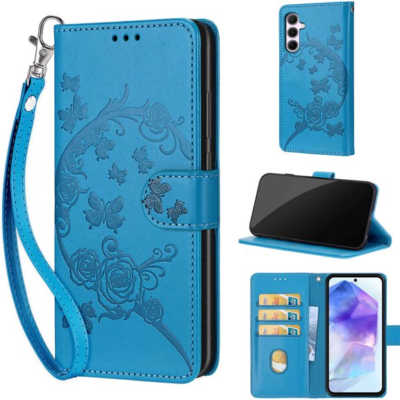 TECH CIRCLE For Galaxy A24 4G Wallet Case,Folio Flip Kickstand Shockproof Protective PU Leather Cover with Card Slot Cash Pocket Carrying Wrist Strap for Samsung Galaxy A24 4G 6.5" 2023,Blue