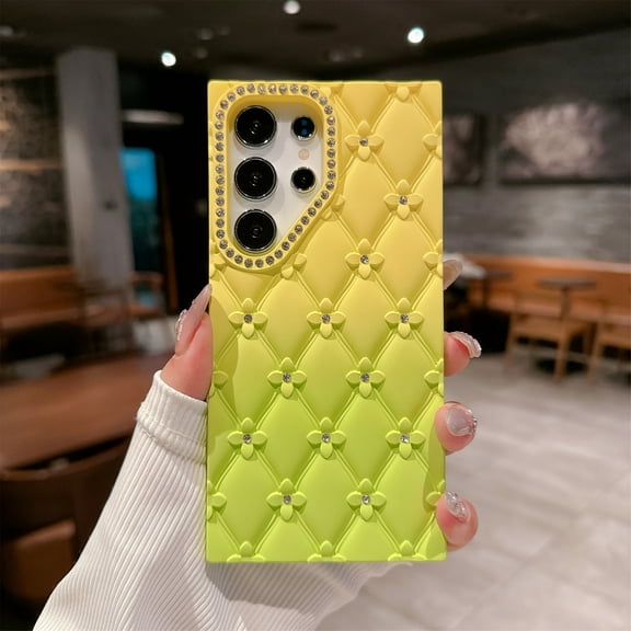 TECH CIRCLE For Galaxy A26 5G Glitter Case, Gradient Soft Silicone Protective Cover with 3D Flower Pattern, Sparkling Rhinestone Camera Frame, Lightweight Shockproof Case for Women, Yellow Green