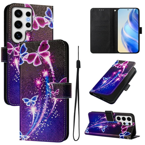 TECH CIRCLE for Galaxy A32 5G Case 6.5" (2021 Release), Cute Cartoon Flip Wallet Case with Lanyard, Built-in Card Slots & Stand Function, Portable Lightweight Slim Cover, Purple Butterfly