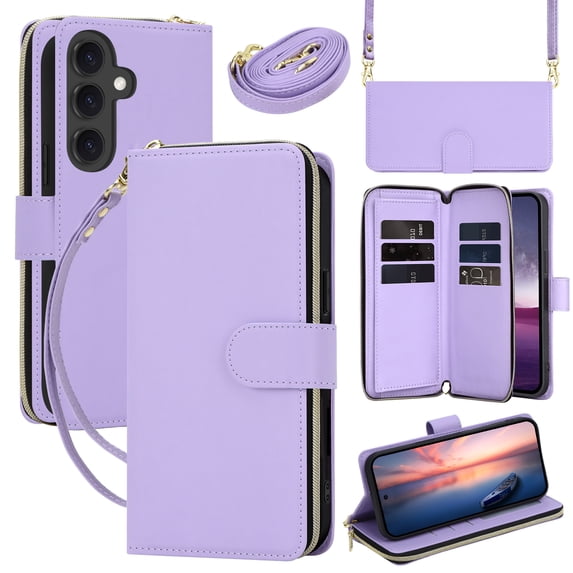 TECH CIRCLE for Galaxy A56 5G Flip Wallet Phone Case with Shoulder/Wrist Straps, Credit Card Slots, RFID Blocking, Zipper Pocket, Magnetic Button Closure, PU Leather Protective Cover, Purple
