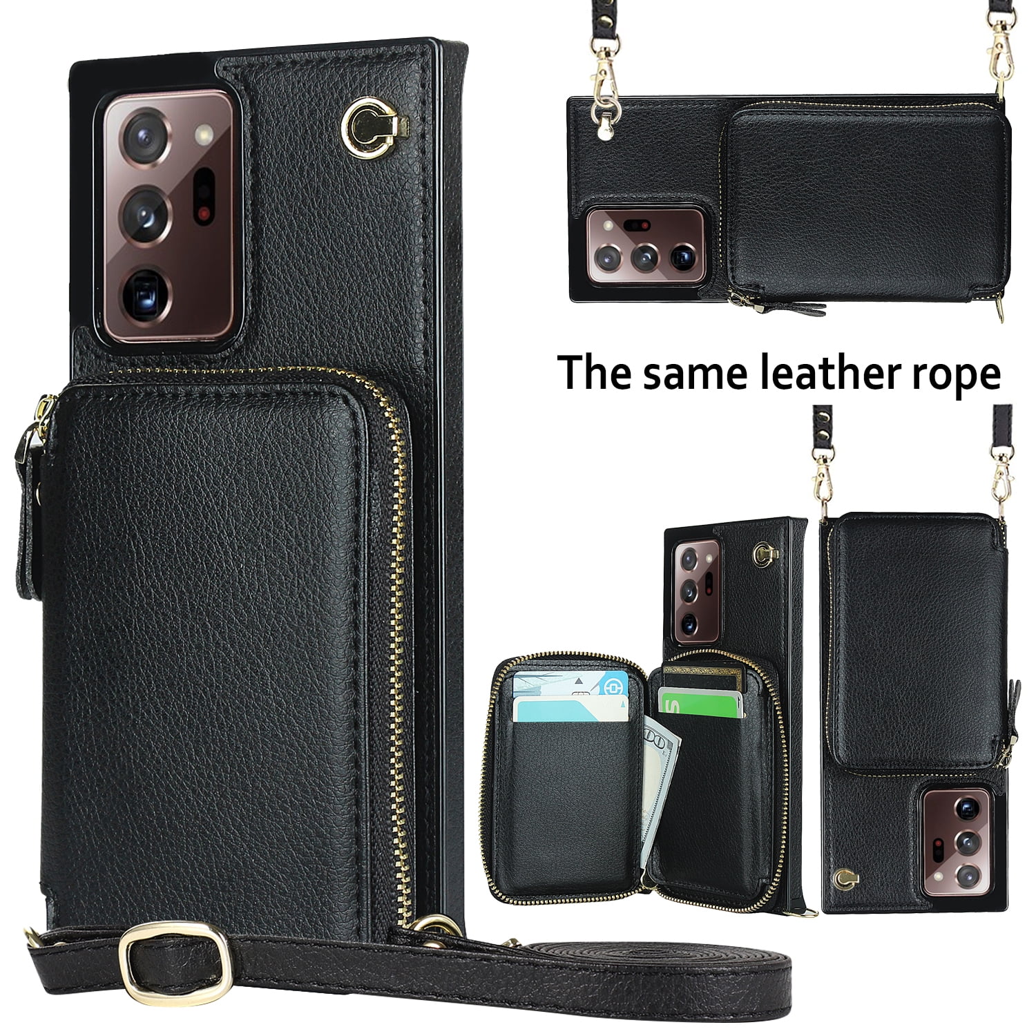 TECH CIRCLE For Galaxy Note 10+ Wallet Case,Card Holder Phone Case for Women, Zipper PU Leather Purse Kickstand Folio Flip Case with Crossbody Strap for Samsung Galaxy Note 10 Plus 5G 6.8” 2019,Black