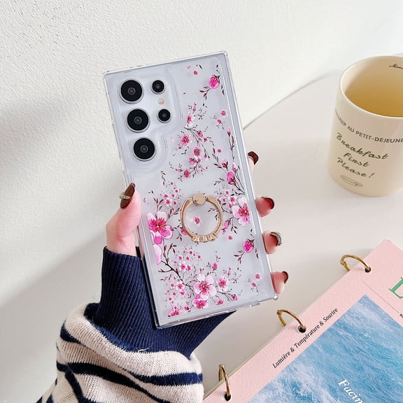 TECH CIRCLE For Galaxy Note 20 Case, 360 Rotating Ring Holder Kickstand Soft Slim Shockproof Protective TPU Girls Women Clear Cute Case for Samsung Galaxy Note 20 6.7" 2020,Peach Blossom