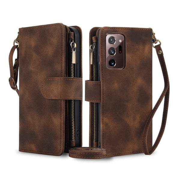 TECH CIRCLE For Galaxy Note 20 Case with Card Holder,PU Leather Zipper Pocket Flip Folio Wallet Case with Crossbody Wrist Strap Kickstand Protective Case for Samsung Galaxy Note 20 6.7" 2020,Brown