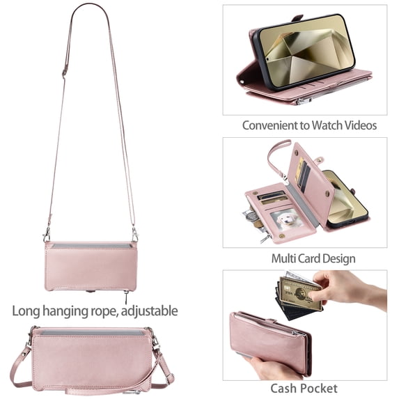 TECH CIRCLE for Galaxy Note 20 Flip Smartphone Case 6.7" 2020 Release, Classic Wallet Phone Case with 8 Card Slots & 1 Pocket, PU Leather Protective Cover with Shoulder Strap & Wrist Lanyard, Pink