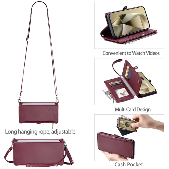 TECH CIRCLE for Galaxy Note 20 Flip Smartphone Case 6.7" 2020 Release, Classic Wallet Phone Case with 8 Card Slots & 1 Pocket, PU Leather Protective Cover with Shoulder Strap & Wrist Lanyard, Winered