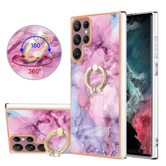 TECH CIRCLE For Galaxy S21 Case,360 Rotatable Marble Pattern Shiny Ring Holder Kickstand Soft TPU Girls Women Case Shockproof Protective Phone Case for Samsung Galaxy S21 6.2" 2022,Pink