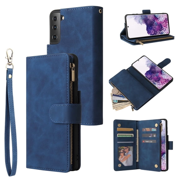 TECH CIRCLE Galaxy S21 Plus Wallet Case, Classy PU Leather Zipper Purse Case Magnetic Buckle Folio Flip Cover Stand with Card Slots Wrist Strap for Samsung Galaxy S21 Plus 6.7 inch,,Blue