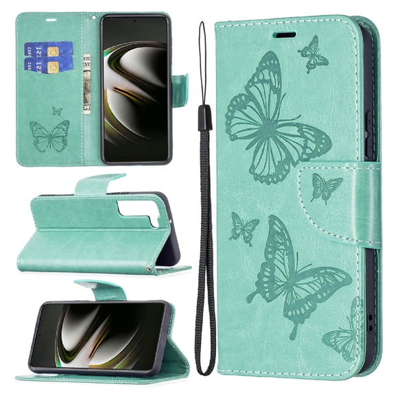 TECH CIRCLE Galaxy S22 Plus Case,Embossed Butterfly PU Leather Credit Card Holder Slots Full Body Protection Kickstand Flip Folio Shockproof TPU Phone Cover for Samsung Galaxy S22 Plus 6.6",Green