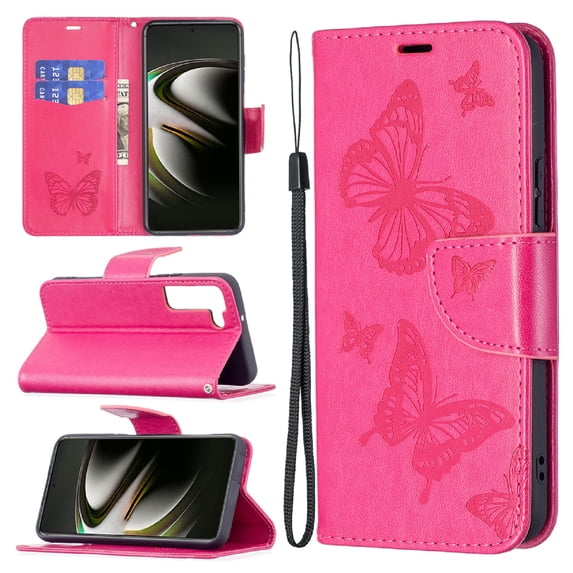 TECH CIRCLE Galaxy S22 Plus Case,Embossed Butterfly PU Leather Credit Card Holder Slots Full Body Protection Kickstand Flip Folio Shockproof TPU Phone Cover for Samsung Galaxy S22 Plus 6.6",Red