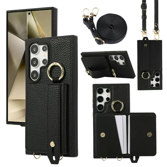 TECH CIRCLE for Galaxy S22 Plus Wallet Case with Card Holder, Lanyard Wrist Strap Loop Holder Kickstand RFID Blocking Finger Grip Ring PU Leather Shockproof Cover for Galaxy S22 Plus 6.6",Black