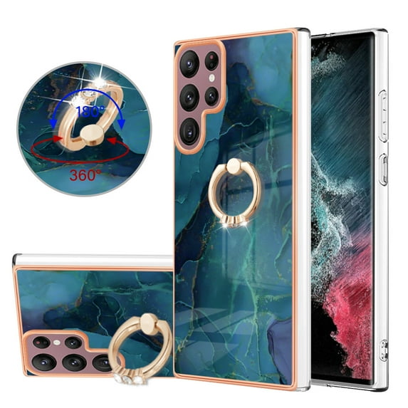 TECH CIRCLE For Galaxy S22 Ultra Case,360 Rotatable Marble Pattern Shiny Ring Holder Kickstand Soft TPU Girls Women Case Shockproof Protective Phone Case for Samsung Galaxy S22 Ultra 6.8" 2022,Green