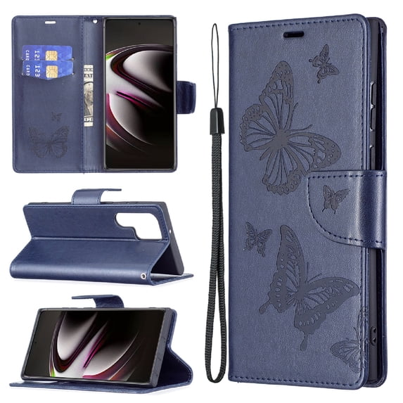 TECH CIRCLE Galaxy S22 Ultra Case,Embossed Butterfly PU Leather Credit Card Holder Slots Full Body Protection Kickstand Flip Folio Shockproof TPU Phone Cover for Samsung Galaxy S22 Ultra 6.8",Blue