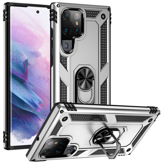 TECH CIRCLE Galaxy S22 Ultra Case,Heavy Duty Shockproof Full Body Protective Phone Cover Built in Rotatable Magnetic Ring Holder Car Mount Holder Kickstand Case For Samsung Galaxy S22 Ultra,Silver