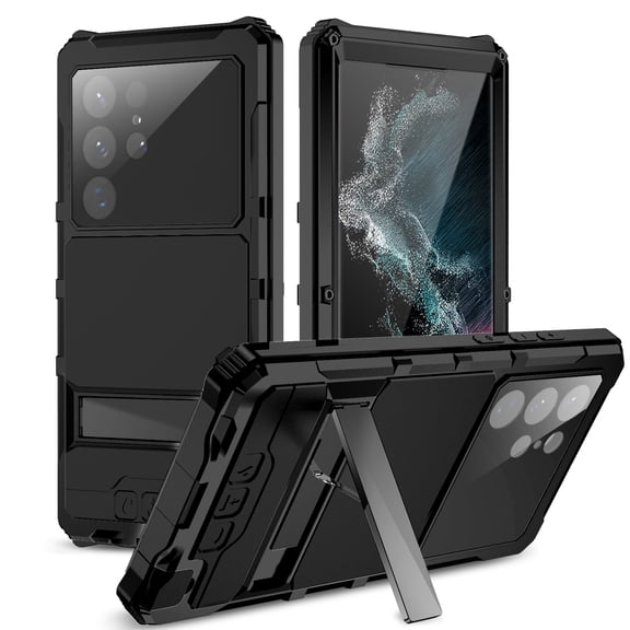 TECH CIRCLE Galaxy S22 Ultra Case, Metal Bumper Silicone Built-in Screen Protector Stand dustproof Drop-Proof Heavy Duty Shockproof Rugged Military Cover for Samsung Galaxy S22 Ultra 6.8" 2022, Black