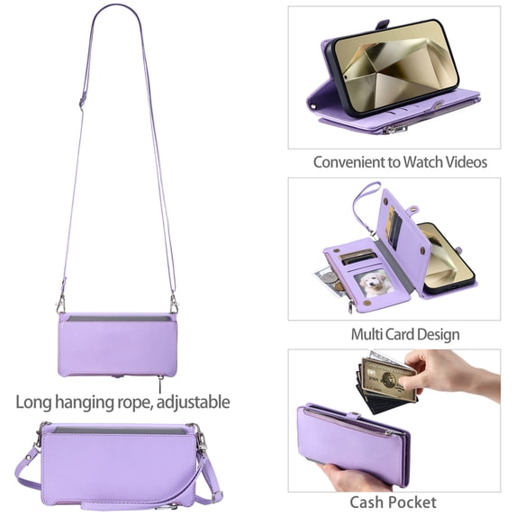 TECH CIRCLE for Galaxy S22 Ultra Flip Smartphone Case 6.8" 2022 Release, Solid Wallet Phone Case with 8 Card Slots & 1 Pocket, PU Leather Protective Cover with Shoulder Strap & Wrist Lanyard, Purple