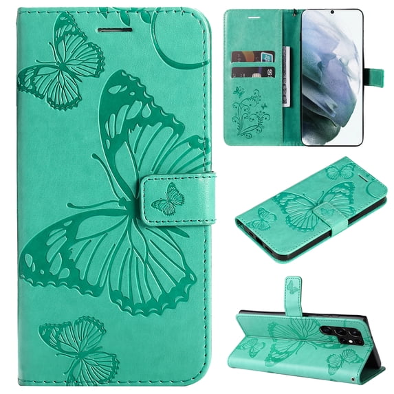 TECH CIRCLE Galaxy S22 Ultra Wallet Case,Butterfly Embossed PU Leather Flip case Cover Stand Feature with Wrist Strap and Card Holder Protective Phone Case for Samsung Galaxy S22 Ultra 6.8", Green