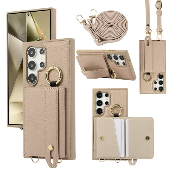 TECH CIRCLE for Galaxy S22 Ultra Wallet Case with Card Holder, Lanyard Wrist Strap Loop Holder Kickstand RFID Blocking Finger Grip Ring PU Leather Shockproof Cover for Galaxy S22 Ultra 6.8",Khaki