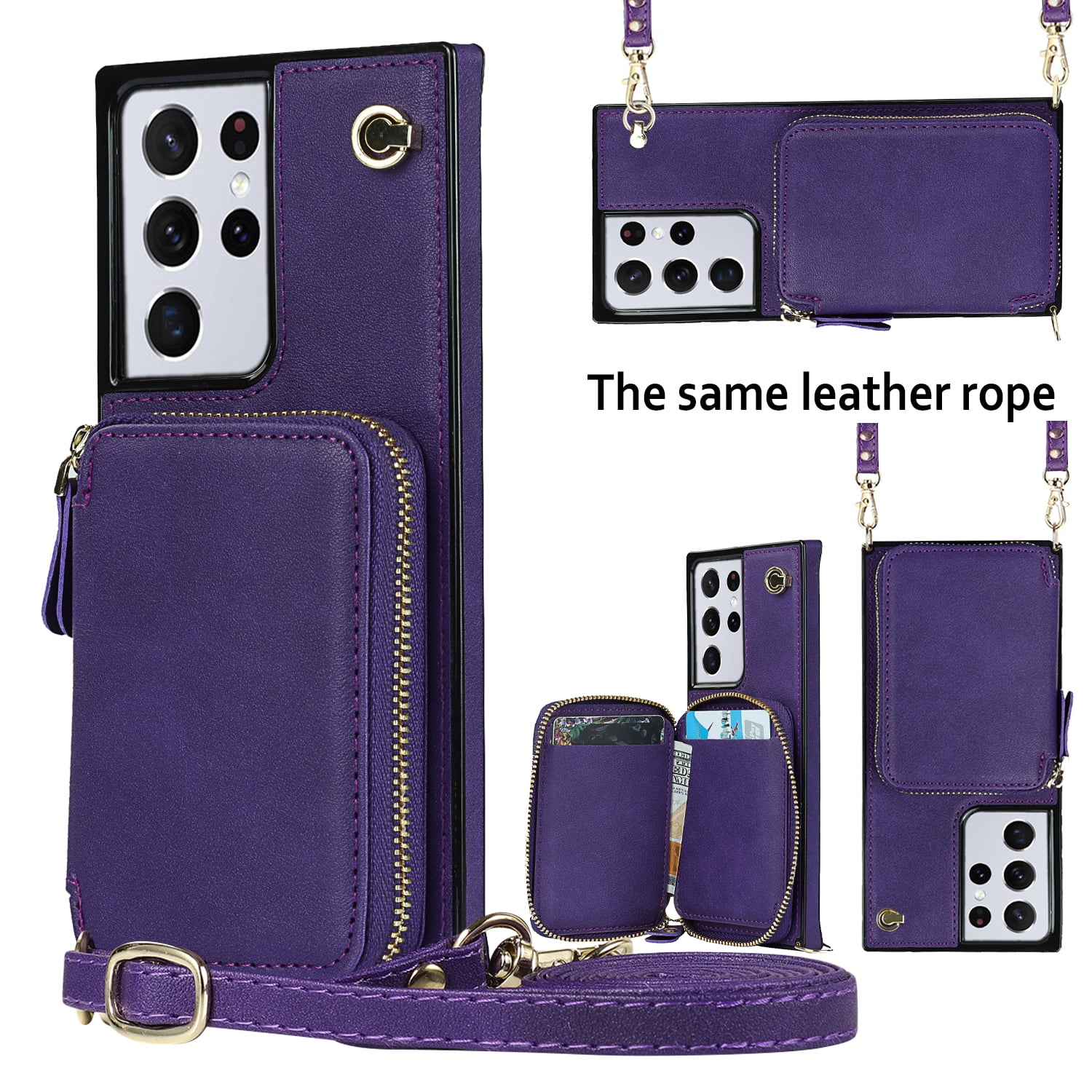 TECH CIRCLE For Galaxy S22 Ultra Wallet Case,Card Holder Phone Case for Women, Zipper PU Leather Purse Kickstand Folio Flip Case with Crossbody Strap for Samsung Galaxy S22 Ultra 6.8" 2022,Purple