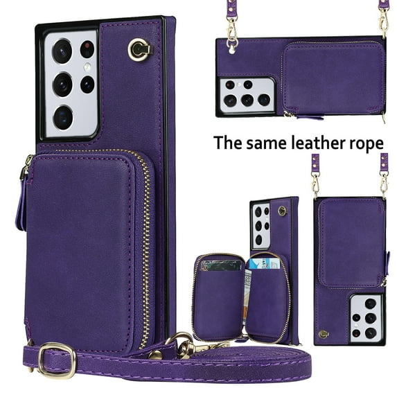 TECH CIRCLE For Galaxy S22 Ultra Wallet Case,Card Holder Phone Case for Women, Zipper PU Leather Purse Kickstand Folio Flip Case with Crossbody Strap for Samsung Galaxy S22 Ultra 6.8" 2022,Purple