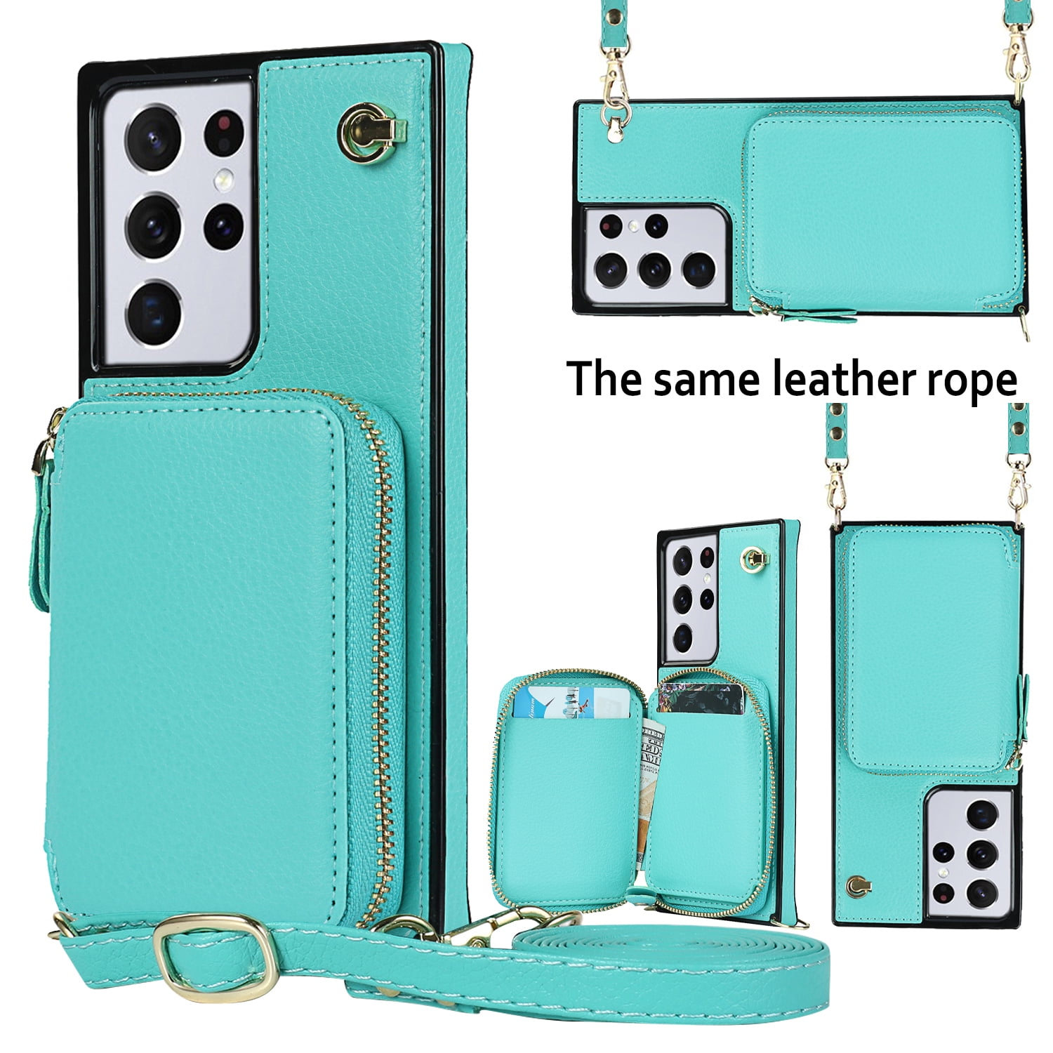 TECH CIRCLE For Galaxy S22 Ultra Wallet Case,Card Holder Phone Case for Women, Zipper PU Leather Purse Kickstand Folio Flip Case with Crossbody Strap for Samsung Galaxy S22 Ultra 6.8" 2022,Mint