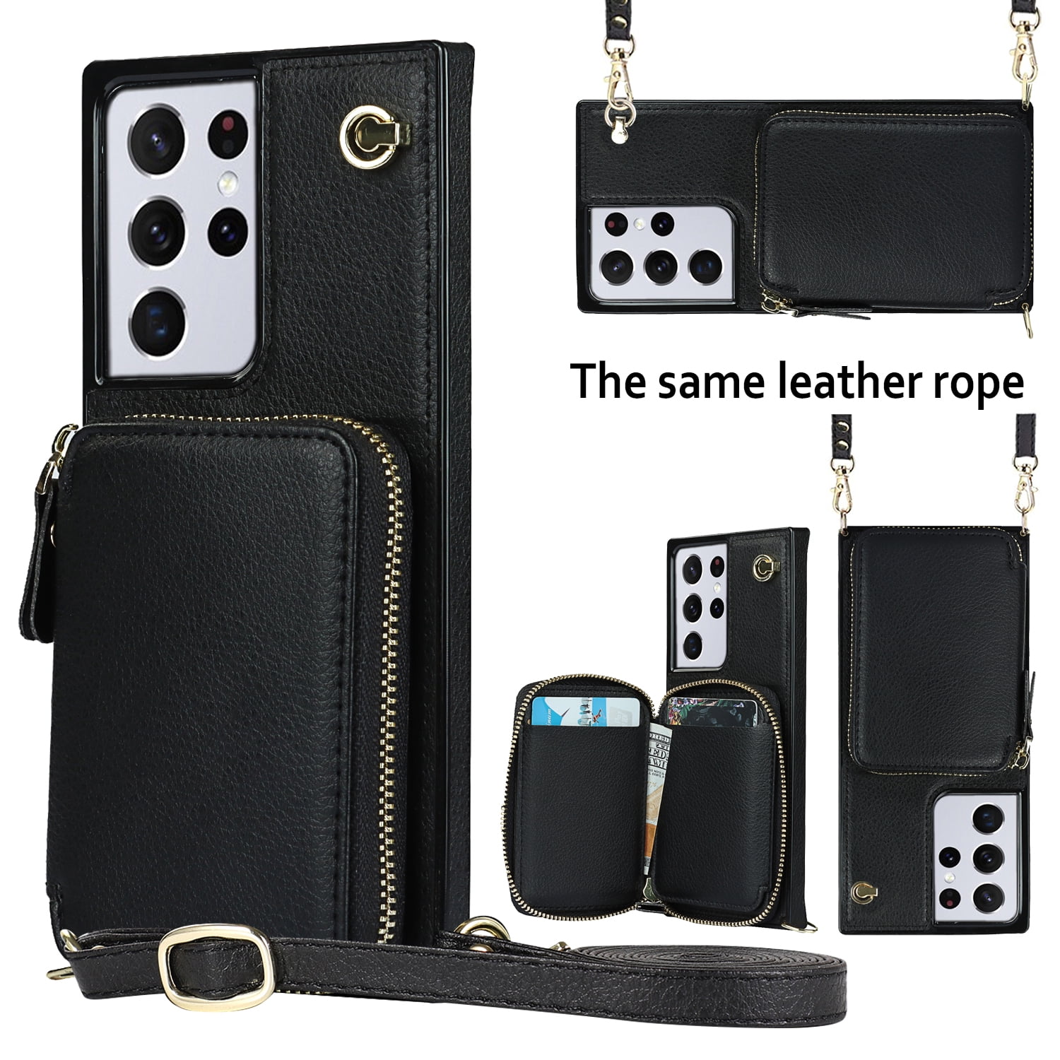 TECH CIRCLE For Galaxy S22 Ultra Wallet Case,Card Holder Phone Case for Women, Zipper PU Leather Purse Kickstand Folio Flip Case with Crossbody Strap for Samsung Galaxy S22 Ultra 6.8" 2022,Black