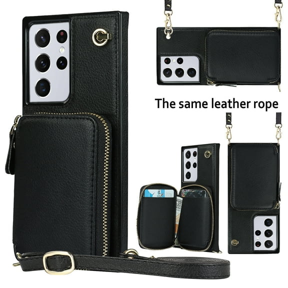 TECH CIRCLE For Galaxy S22 Ultra Wallet Case,Card Holder Phone Case for Women, Zipper PU Leather Purse Kickstand Folio Flip Case with Crossbody Strap for Samsung Galaxy S22 Ultra 6.8" 2022,Black