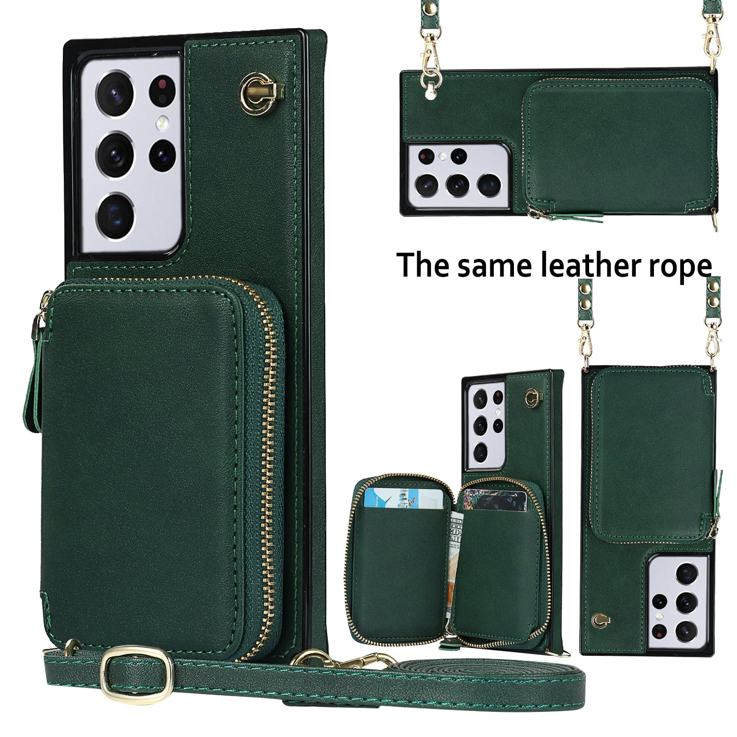 TECH CIRCLE For Galaxy S22 Ultra Wallet Case,Card Holder Phone Case for Women, Zipper PU Leather Purse Kickstand Folio Flip Case with Crossbody Strap for Samsung Galaxy S22 Ultra 6.8" 2022,Darkgreen