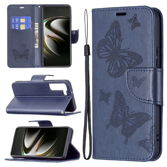 TECH CIRCLE Galaxy S23 Case,Embossed Butterfly PU Leather Credit Card Holder Slots Full Body Protection Kickstand Flip Folio Shockproof TPU Phone Cover for Samsung Galaxy S23 6.1" 2023,Blue
