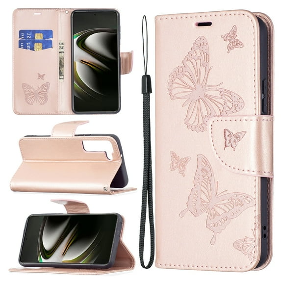 TECH CIRCLE Galaxy S23 Case,Embossed Butterfly PU Leather Credit Card Holder Slots Full Body Protection Kickstand Flip Folio Shockproof TPU Phone Cover for Samsung Galaxy S23 6.1" 2023,Pink