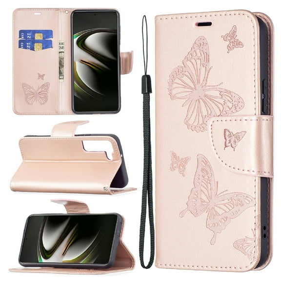 TECH CIRCLE Galaxy S23 Case,Embossed Butterfly PU Leather Credit Card Holder Slots Full Body Protection Kickstand Flip Folio Shockproof TPU Phone Cover for Samsung Galaxy S23 6.1" 2023,Pink