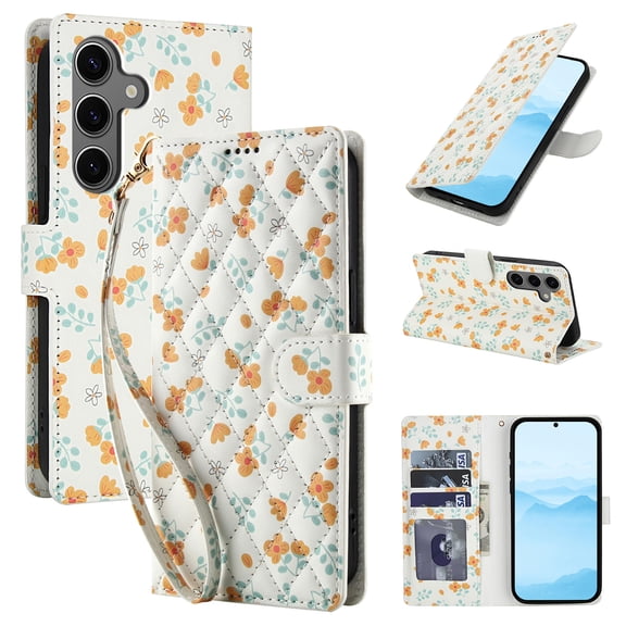TECH CIRCLE For Galaxy S23 Flip Wallet Case with Wrist Strap - Beautiful Flower Pattern, PU Leather/TPU Protective Case with Card/Cash Slots, Stand, Magnetic Strap Closure, For Women, C Floral