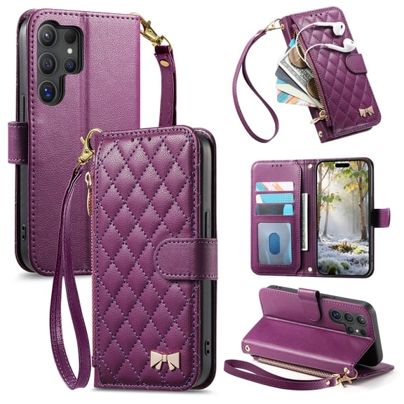 TECH CIRCLE For Galaxy S23 Flip Wallet Case with Wrist Strap, Faux Leather Protective Lightweight Cover with Stand, Card Slots, Zippered Pocket, Purple