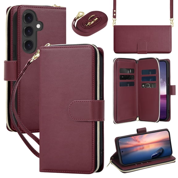 TECH CIRCLE for Galaxy S23 Plus Flip Wallet Phone Case with Shoulder/Wrist Straps, Credit Card Slots, RFID Blocking, Zipper Pocket, Magnetic Button Closure, PU Leather Protective Cover, Winered