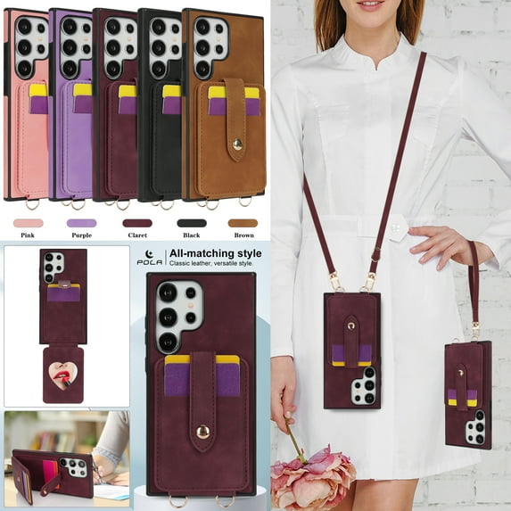 TECH CIRCLE for Galaxy S23 Plus Wallet Case 6.6" 2023, PU Leather Back Cover Case with Stand Function, Built-in Card Slots & Mirror, Portable Lightweight Case with Shoulder Strap & Lanyard, Winered