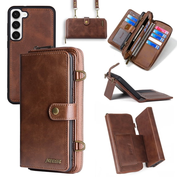 TECH CIRCLE Galaxy S23 Plus Wallet Case, Premium Leather Flip Zipper Detachable Magnet Wallet Stand Card Holder Case with Crossbody Lanyard Strap Zipper Pocket Cover for Samsung Galaxy S23 Plus, Brown