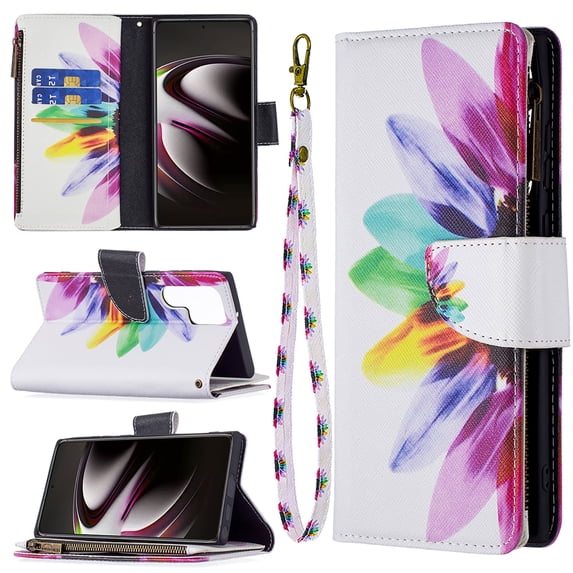 TECH CIRCLE Galaxy S23 Ultra 5G Wallet Case,Premium PU Leather Zipper Card Slot Wrist Strap Magnetic Closure Kickstand Carrying Pouch Protective Case for Samsung Galaxy S23 Ultra 5G 2023,Sun Flower