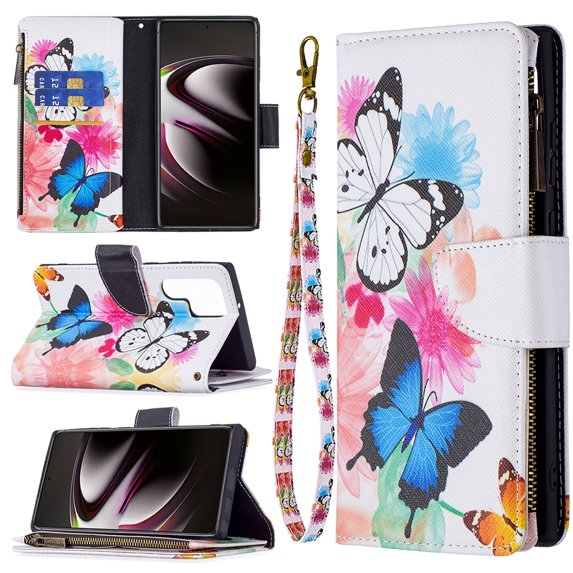 TECH CIRCLE Galaxy S23 Ultra 5G Wallet Case,Premium PU Leather Zipper Card Slot Wrist Strap Magnetic Closure Kickstand Carrying Pouch Protective Case for Samsung Galaxy S23 Ultra 5G,White Butterfly