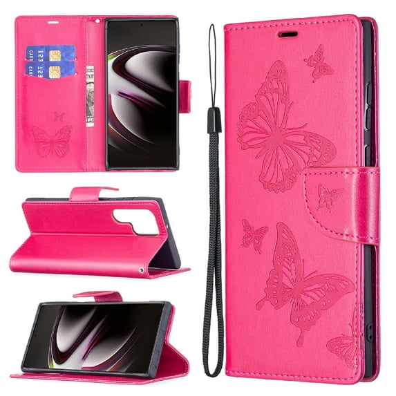TECH CIRCLE Galaxy S23 Ultra Case,Embossed Butterfly PU Leather Credit Card Holder Slots Full Body Protection Kickstand Flip Folio Shockproof TPU Phone Cover for Samsung Galaxy S23 Ultra 6.8",Red