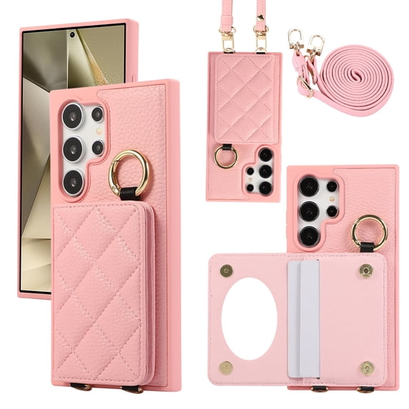 TECH CIRCLE for Galaxy S23 Ultra Case, Quilted PU Leather Double Magnetic Clasp Shockproof Cover with Card Holder Shoulder Strap Mirror Ring Stand Flip Wallet Case for Galaxy S23 Ultra 6.8",Pink