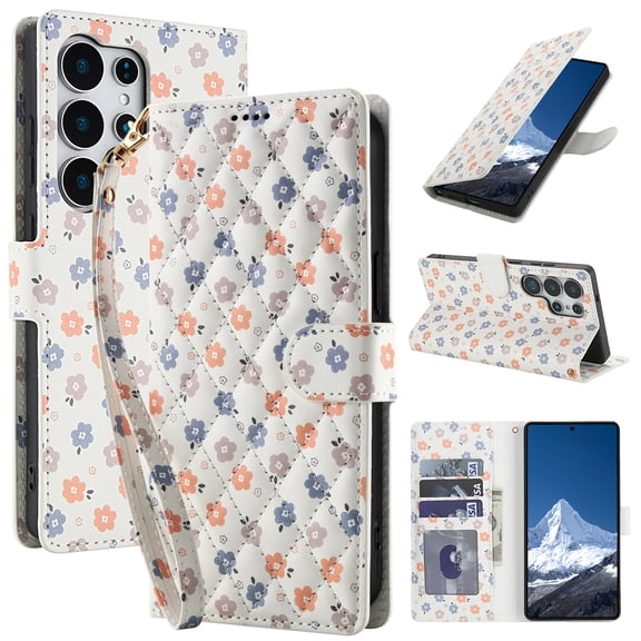 TECH CIRCLE For Galaxy S23 Ultra Flip Wallet Case with Wrist Strap - Beautiful Flower Pattern, PU Leather/TPU Protective Case with Card/Cash Slots, Stand, Magnetic Strap Closure, For Women, B Floral