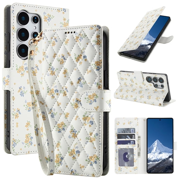 TECH CIRCLE For Galaxy S23 Ultra Flip Wallet Case with Wrist Strap - Beautiful Flower Pattern, PU Leather/TPU Protective Case with Card/Cash Slots, Stand, Magnetic Strap Closure, For Women, D Floral