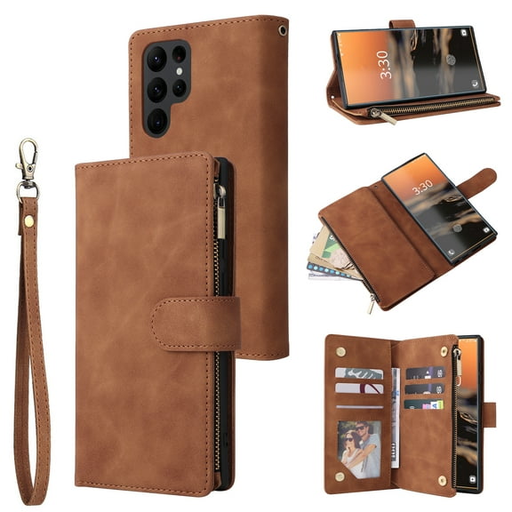TECH CIRCLE Galaxy S23 Ultra Wallet Case, Soft Classy Leather Zipper Purse Case Magnetic Detachable Folio Flip Stand Cover with Credit Card Slots/Driver License for Samsung Galaxy S23 Ultrra,Brown