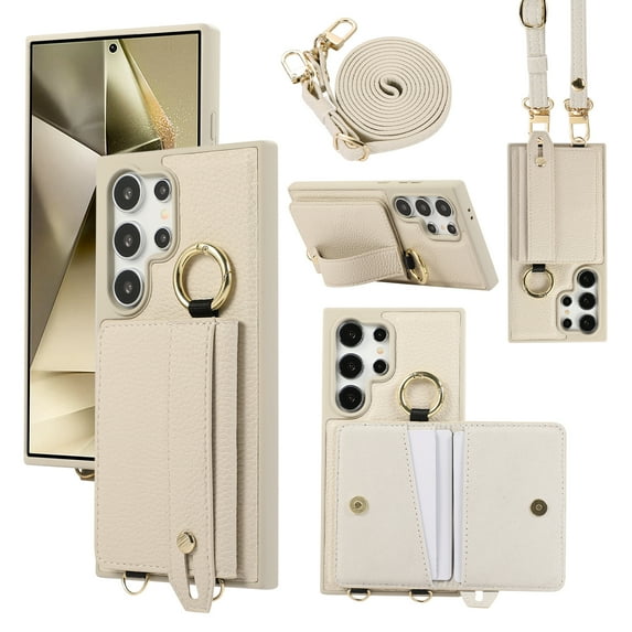 TECH CIRCLE for Galaxy S23 Wallet Case with Card Holder, Lanyard Wrist Strap Loop Holder Kickstand RFID Blocking Finger Grip Ring PU Leather Shockproof Cover for Galaxy S23 6.1",White