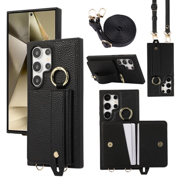 TECH CIRCLE for Galaxy S23 Wallet Case with Card Holder, Lanyard Wrist Strap Loop Holder Kickstand RFID Blocking Finger Grip Ring PU Leather Shockproof Cover for Galaxy S23 6.1",Black